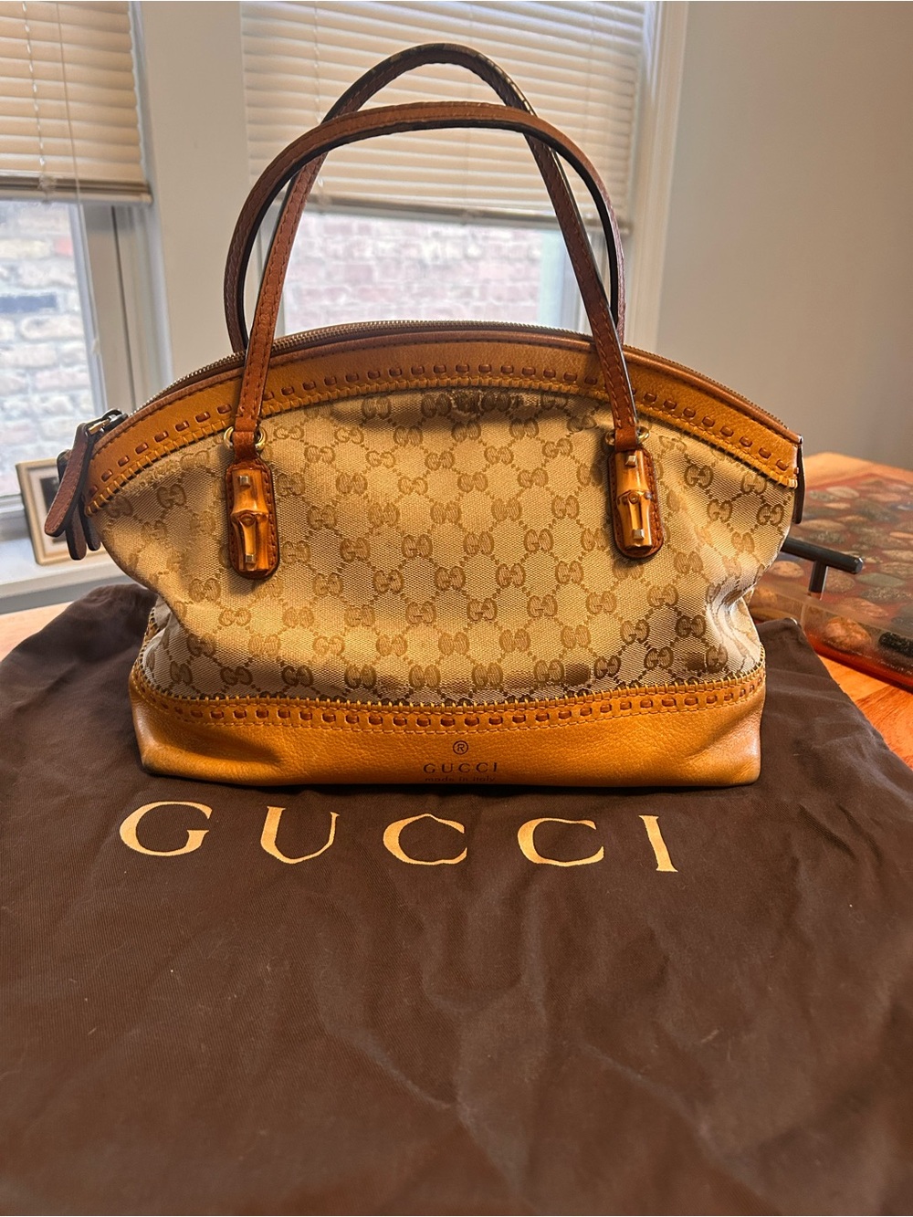Gucci GG Monogram Canvas shoulder bag with bamboo and leather detail